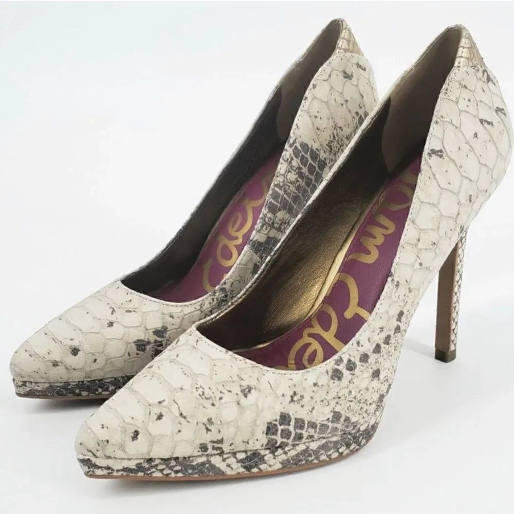 Sam Edelman CELIA Cream Snake Print Leather Pointed Toe High Heel Pumps Like New